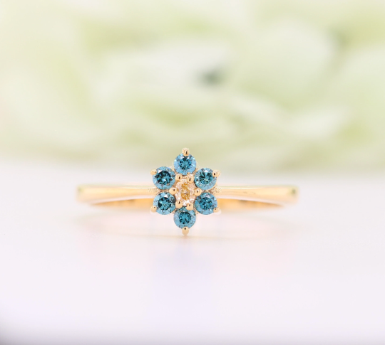 Yellow Oval Cut Side Blue Round Brilliant Cut 14K Yellow Gold Halo Diamond Engagement Ring For Her