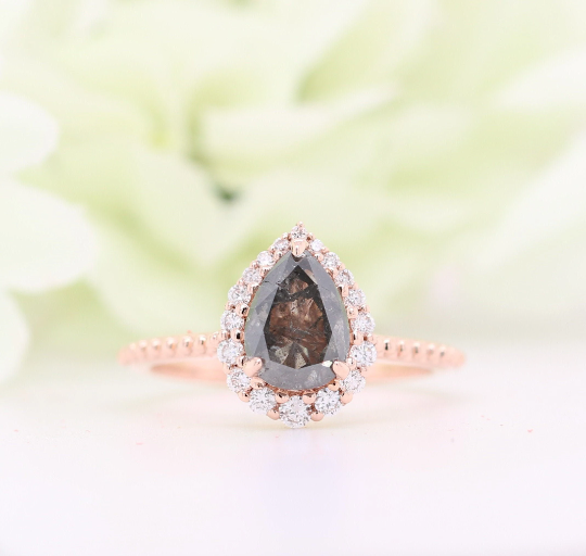 Salt And Pepper Diamond Pear Cut 14K Rose Gold Engagement Ring