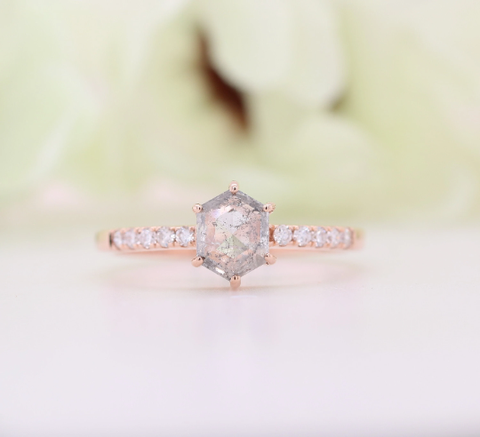 Hexagon Shape Salt And Pepper Diamond 6 Prongs 14K Rose Gold Engagement Ring
