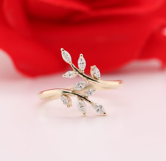 Natural Diamond Leaf Ring Olive Branch Engagement Ring Flora, Solid Gold Leaf Wedding Ring, 14k Delicate Vine Stacking Bands for Women - JayKrishna Diamond