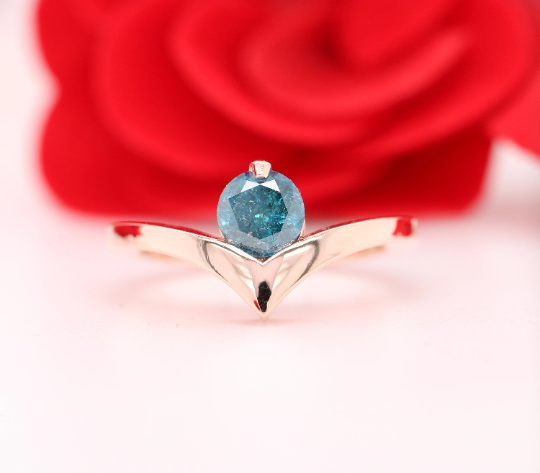 14K Rose Gold Round Brilliant Cut Blue Diamond Engagement Ring For Her