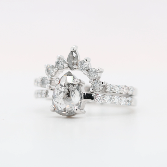 18K White Gold Salt And Pepper Pear Shape 1.00 CT Diamond On Round Brilliant Band For Engagement Ring