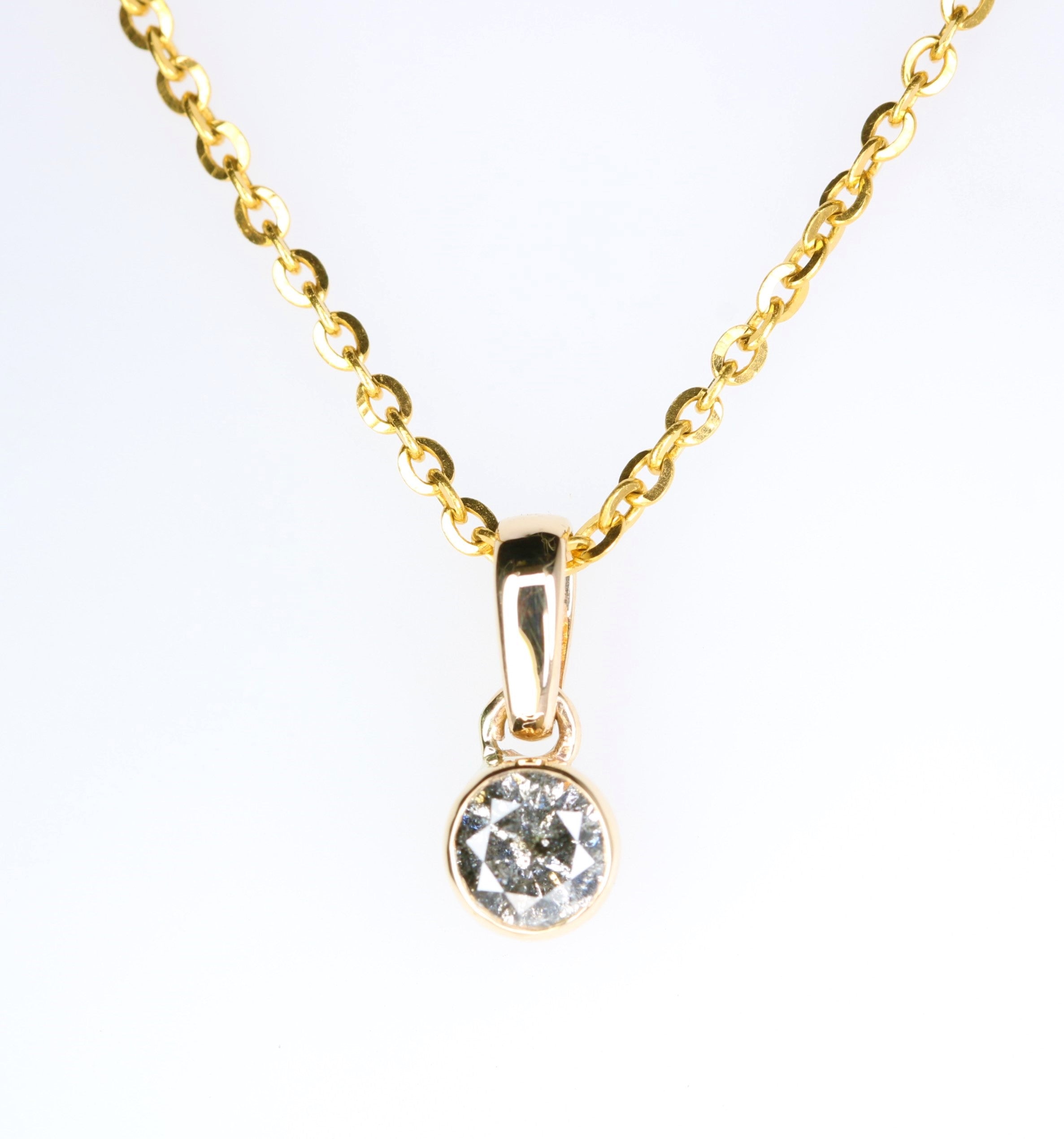 Salt And Pepper Round Brilliant Cut Diamond Pendant Bezel Setting With 10K Gold Chain Necklace For Women