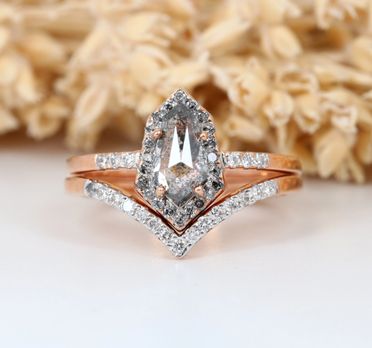 Geometric Shield Shape Salt And Pepper 14K Rose Gold Ring With Round Brilliant Diamond Band