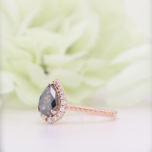 Salt And Pepper Diamond Pear Cut 14K Rose Gold Engagement Ring