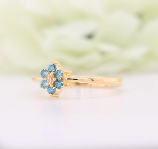 Yellow Oval Cut Side Blue Round Brilliant Cut 14K Yellow Gold Halo Diamond Engagement Ring For Her