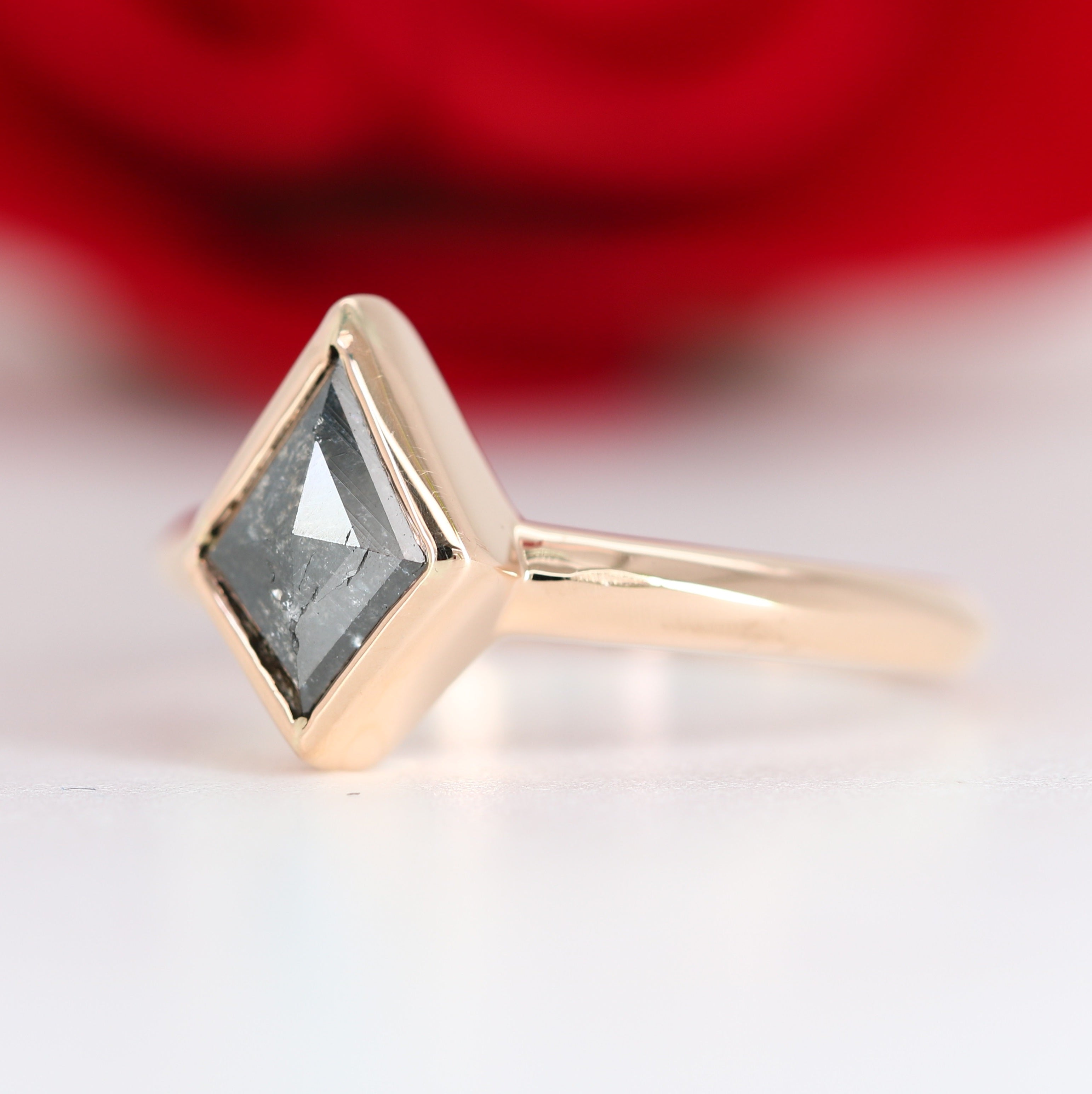 Natural Salt And Pepper 18K Rose Gold Kite Bezel Set Engagement Ring