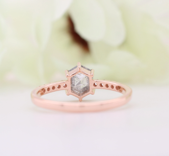 Hexagon Shape Salt And Pepper Diamond 6 Prongs 14K Rose Gold Engagement Ring