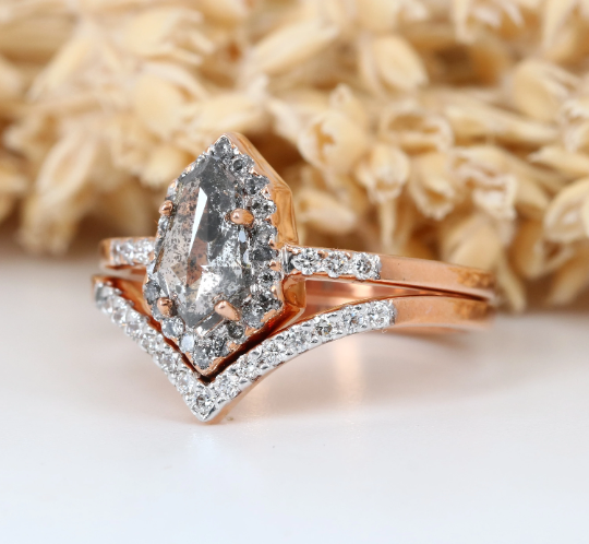 Geometric Shield Shape Salt And Pepper 14K Rose Gold Ring With Round Brilliant Diamond Band