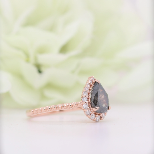 Salt And Pepper Diamond Pear Cut 14K Rose Gold Engagement Ring