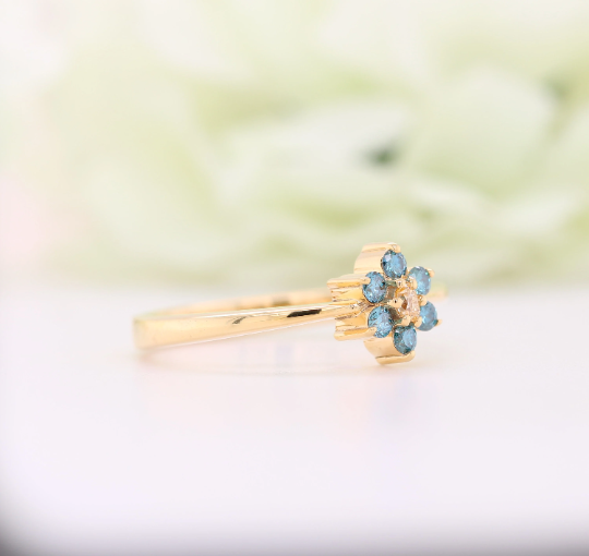 Yellow Oval Cut Side Blue Round Brilliant Cut 14K Yellow Gold Halo Diamond Engagement Ring For Her