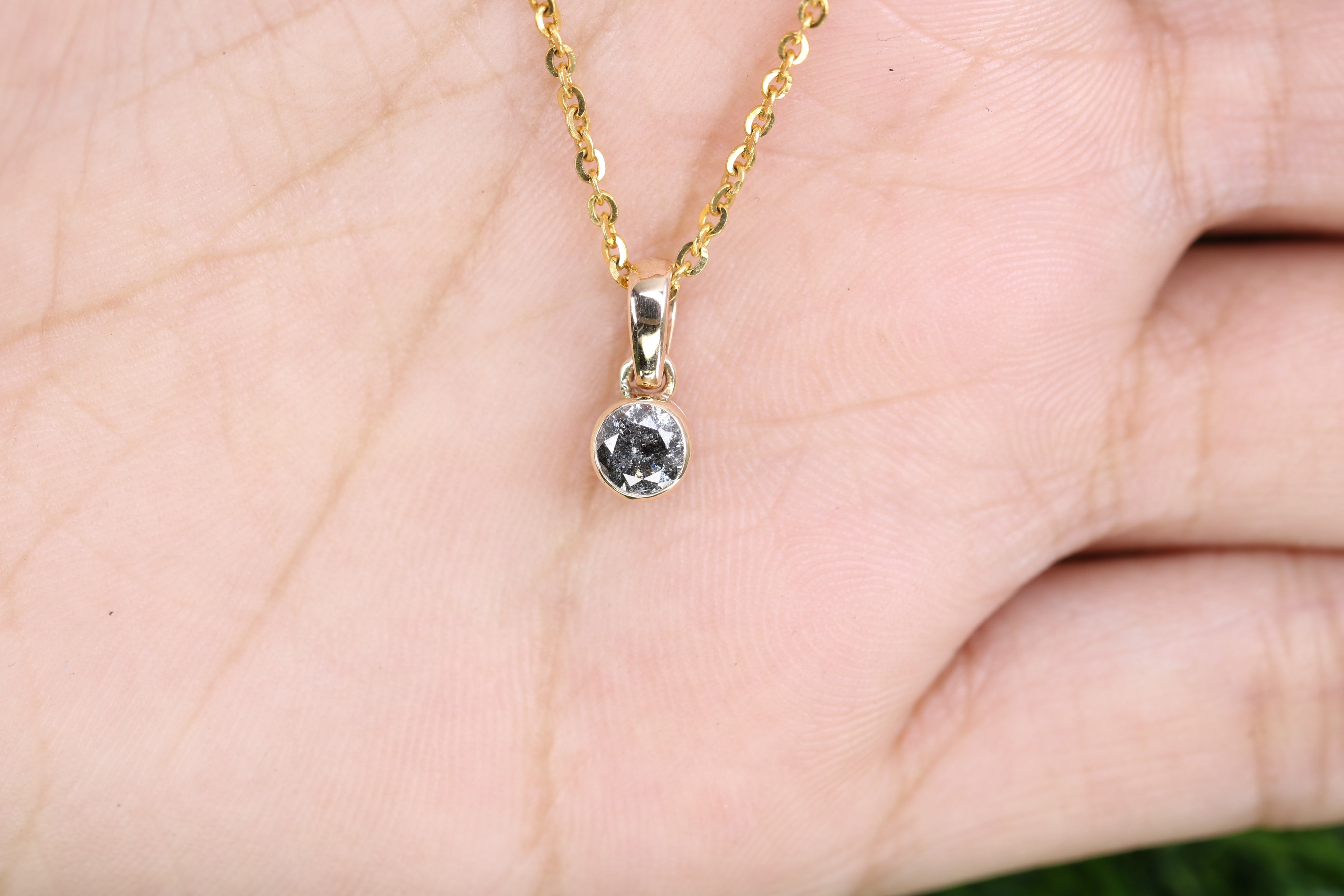 Salt And Pepper Round Brilliant Cut Diamond Pendant Bezel Setting With 10K Gold Chain Necklace For Women