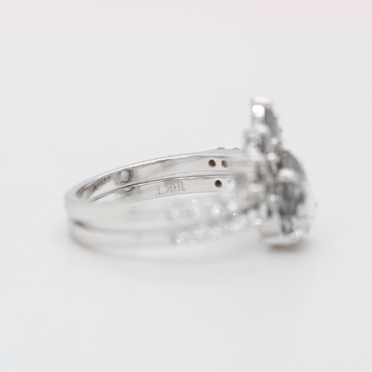 18K White Gold Salt And Pepper Pear Shape 1.00 CT Diamond On Round Brilliant Band For Engagement Ring