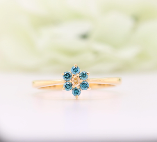 Yellow Oval Cut Side Blue Round Brilliant Cut 14K Yellow Gold Halo Diamond Engagement Ring For Her