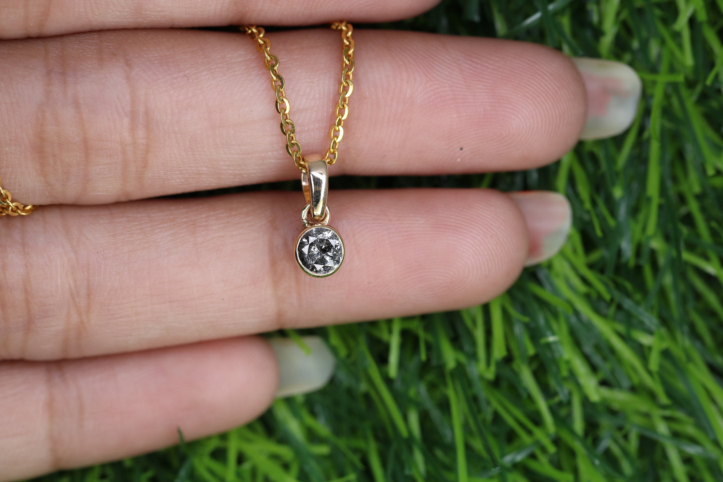Salt And Pepper Round Brilliant Cut Diamond Pendant Bezel Setting With 10K Gold Chain Necklace For Women