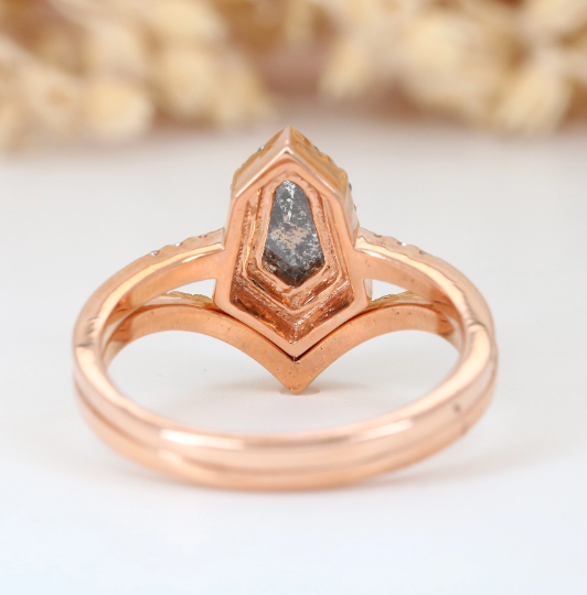 Geometric Shield Shape Salt And Pepper 14K Rose Gold Ring With Round Brilliant Diamond Band