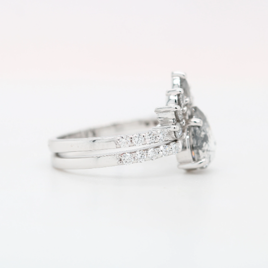 18K White Gold Salt And Pepper Pear Shape 1.00 CT Diamond On Round Brilliant Band For Engagement Ring