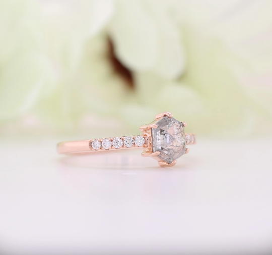 Hexagon Shape Salt And Pepper Diamond 6 Prongs 14K Rose Gold Engagement Ring