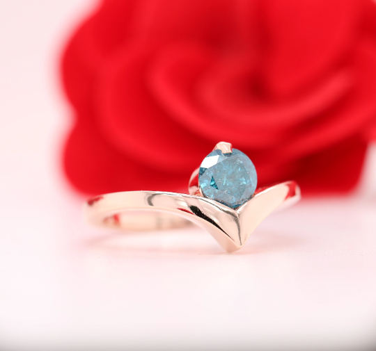 14K Rose Gold Round Brilliant Cut Blue Diamond Engagement Ring For Her