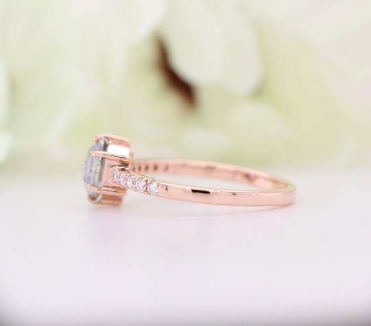 Hexagon Shape Salt And Pepper Diamond 6 Prongs 14K Rose Gold Engagement Ring