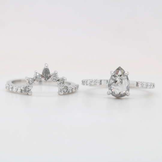 18K White Gold Salt And Pepper Pear Shape 1.00 CT Diamond On Round Brilliant Band For Engagement Ring