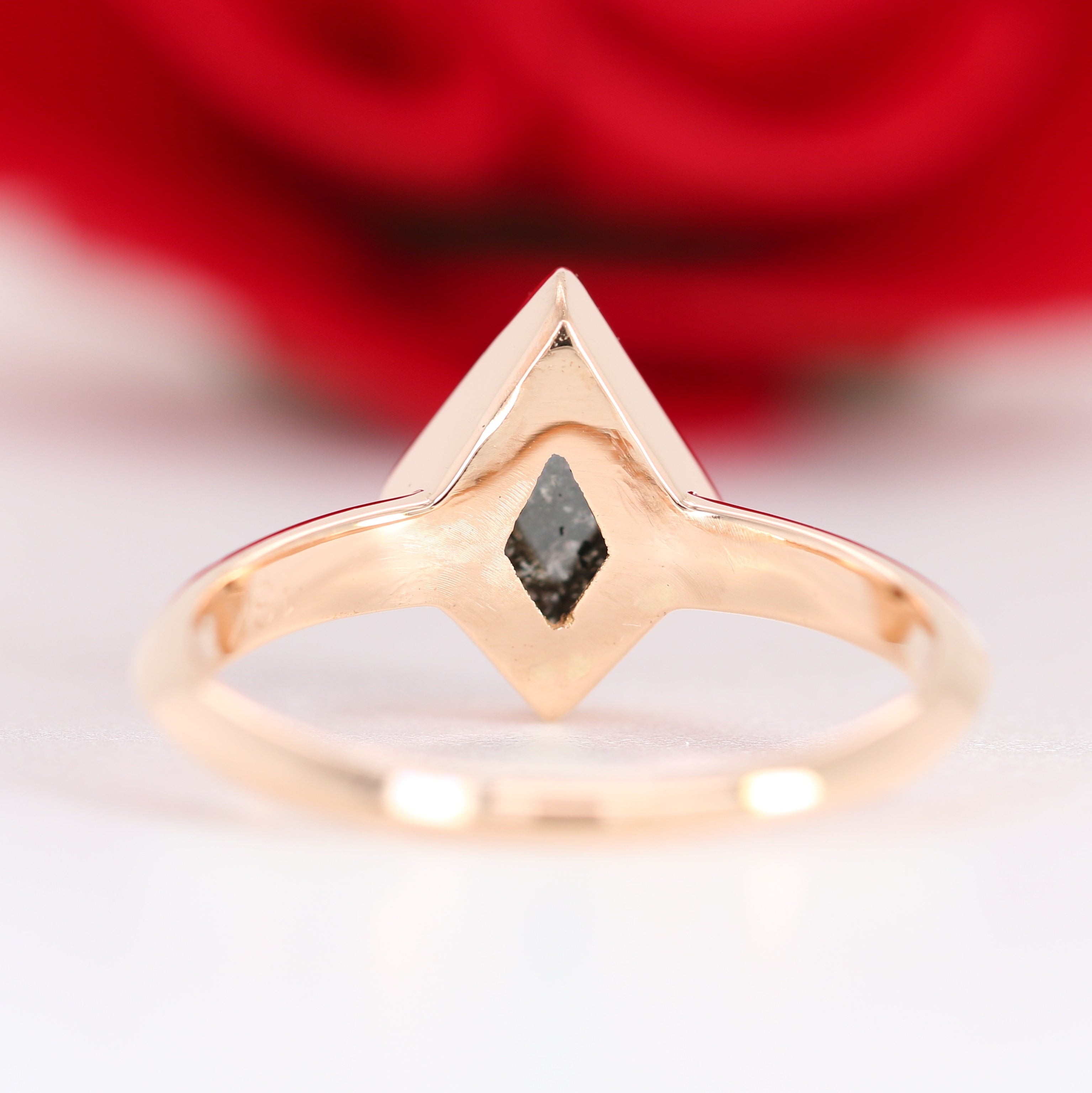 Natural Salt And Pepper 18K Rose Gold Kite Bezel Set Engagement Ring