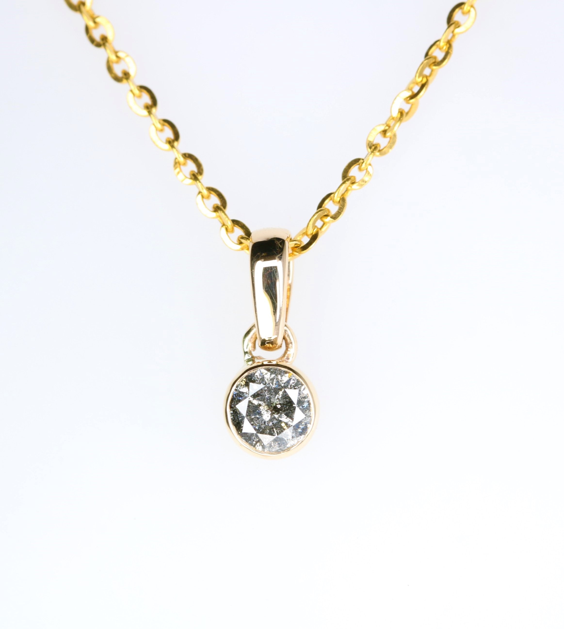Salt And Pepper Round Brilliant Cut Diamond Pendant Bezel Setting With 10K Gold Chain Necklace For Women