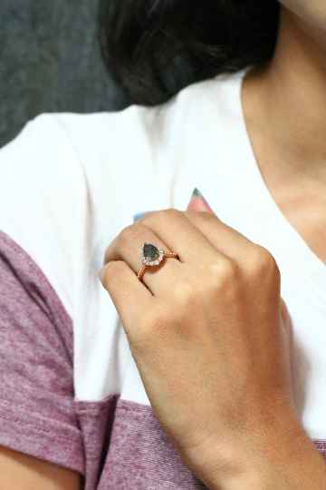 Salt And Pepper Diamond Pear Cut 14K Rose Gold Engagement Ring