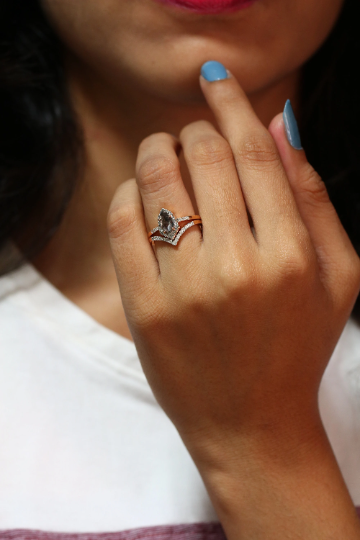 Geometric Shield Shape Salt And Pepper 14K Rose Gold Ring With Round Brilliant Diamond Band