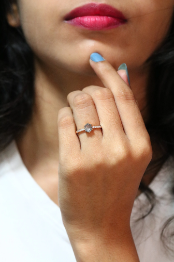 Hexagon Shape Salt And Pepper Diamond 6 Prongs 14K Rose Gold Engagement Ring
