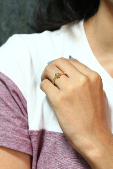 Yellow Oval Cut Side Blue Round Brilliant Cut 14K Yellow Gold Halo Diamond Engagement Ring For Her