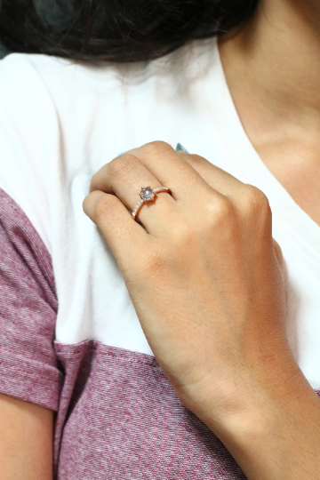 Hexagon Shape Salt And Pepper Diamond 6 Prongs 14K Rose Gold Engagement Ring