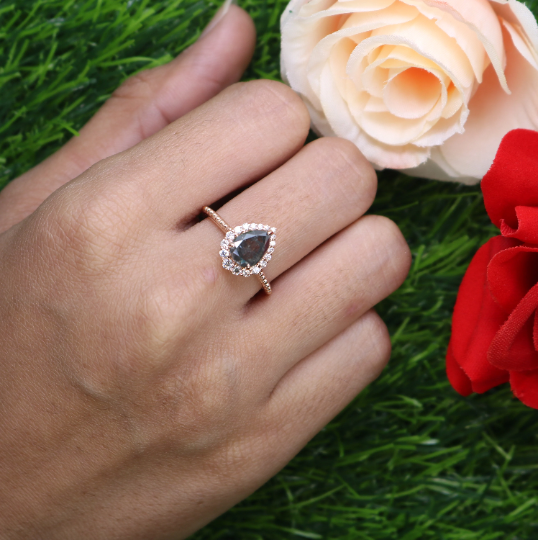 Salt And Pepper Diamond Pear Cut 14K Rose Gold Engagement Ring