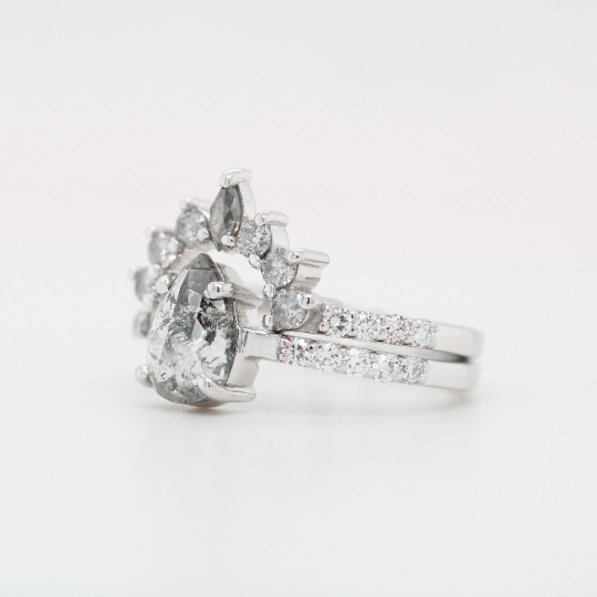 18K White Gold Salt And Pepper Pear Shape 1.00 CT Diamond On Round Brilliant Band For Engagement Ring
