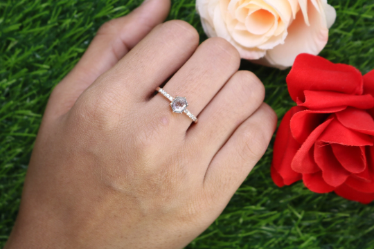 Hexagon Shape Salt And Pepper Diamond 6 Prongs 14K Rose Gold Engagement Ring
