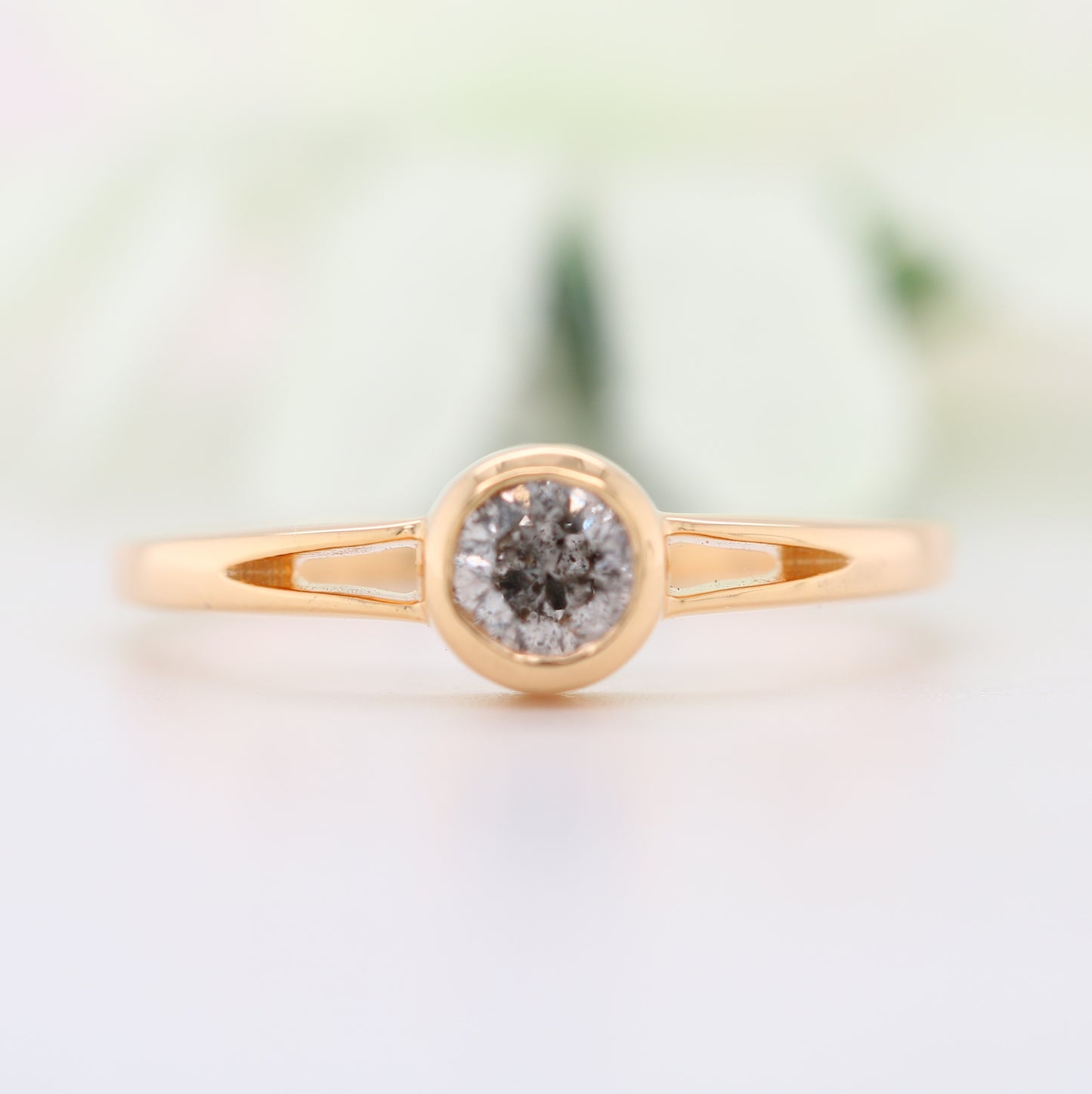 Round Brilliant Cut Salt And Pepper Yellow Gold Engagement Ring