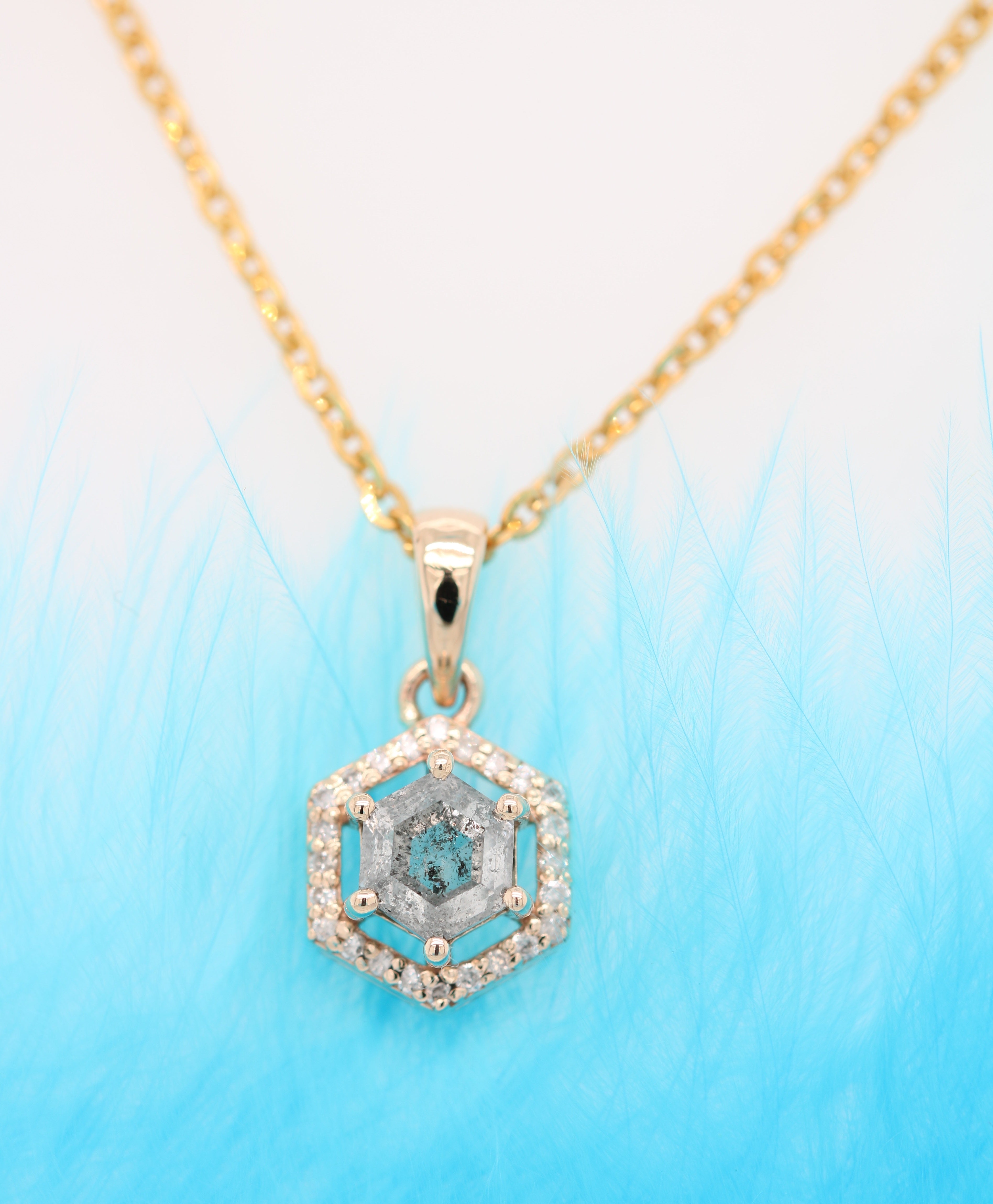 Hexagon Salt and Pepper Diamond Halo Pendant with 18K Yellow Gold Chain Necklace