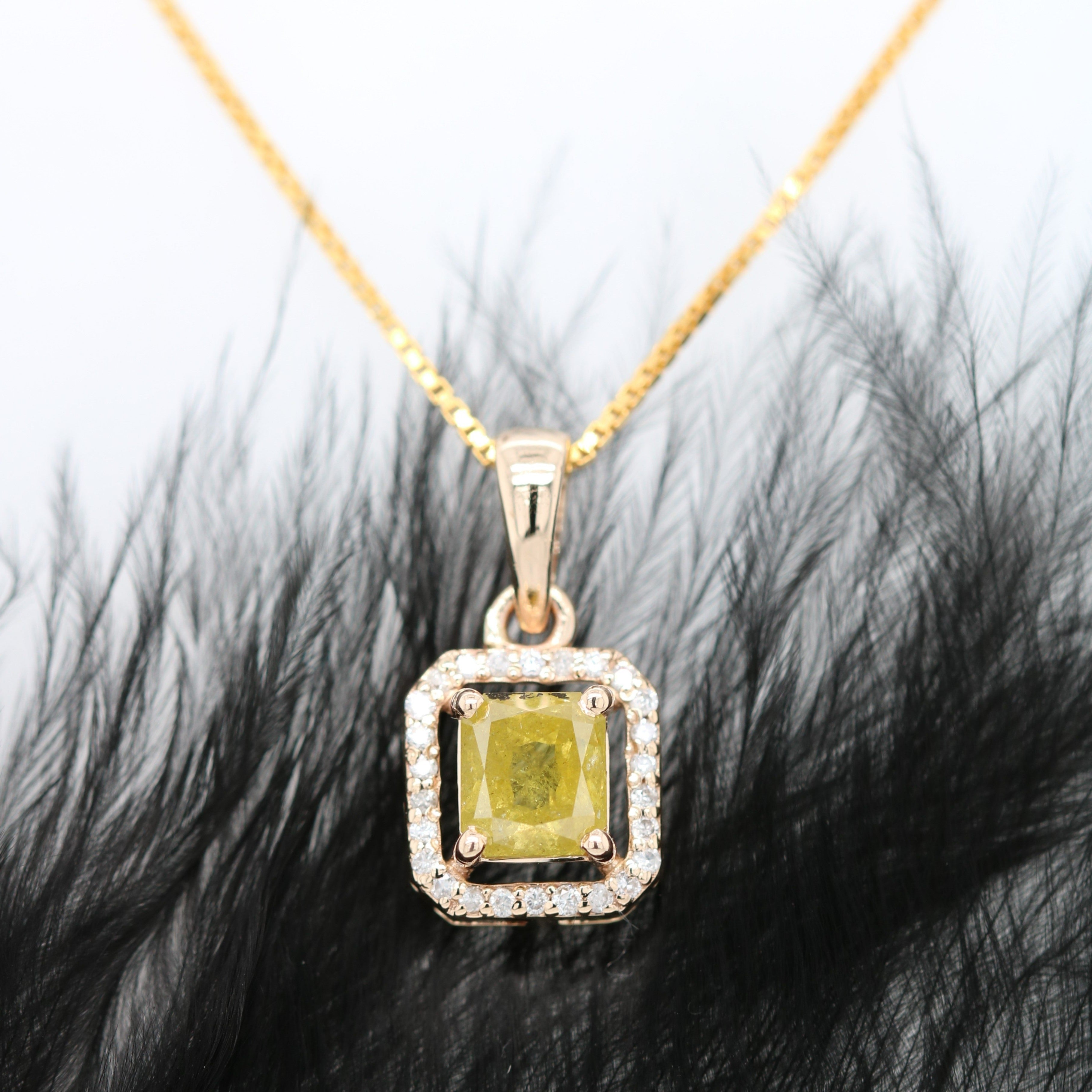 Yellow Asscher Cut Diamond Halo Pendant 18K Gold Chain Pendant Necklace For Women