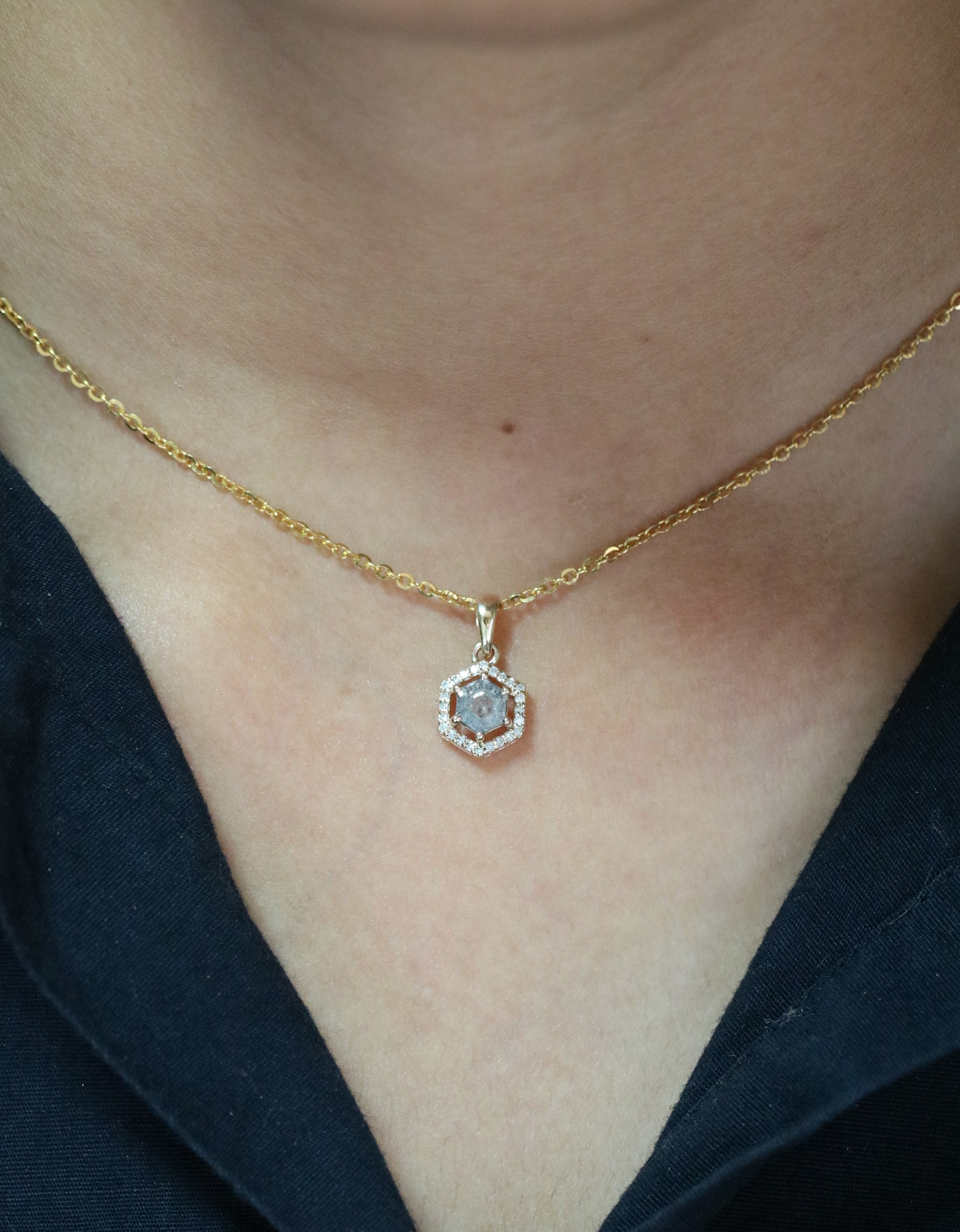 Hexagon Salt and Pepper Diamond Halo Pendant with 18K Yellow Gold Chain Necklace
