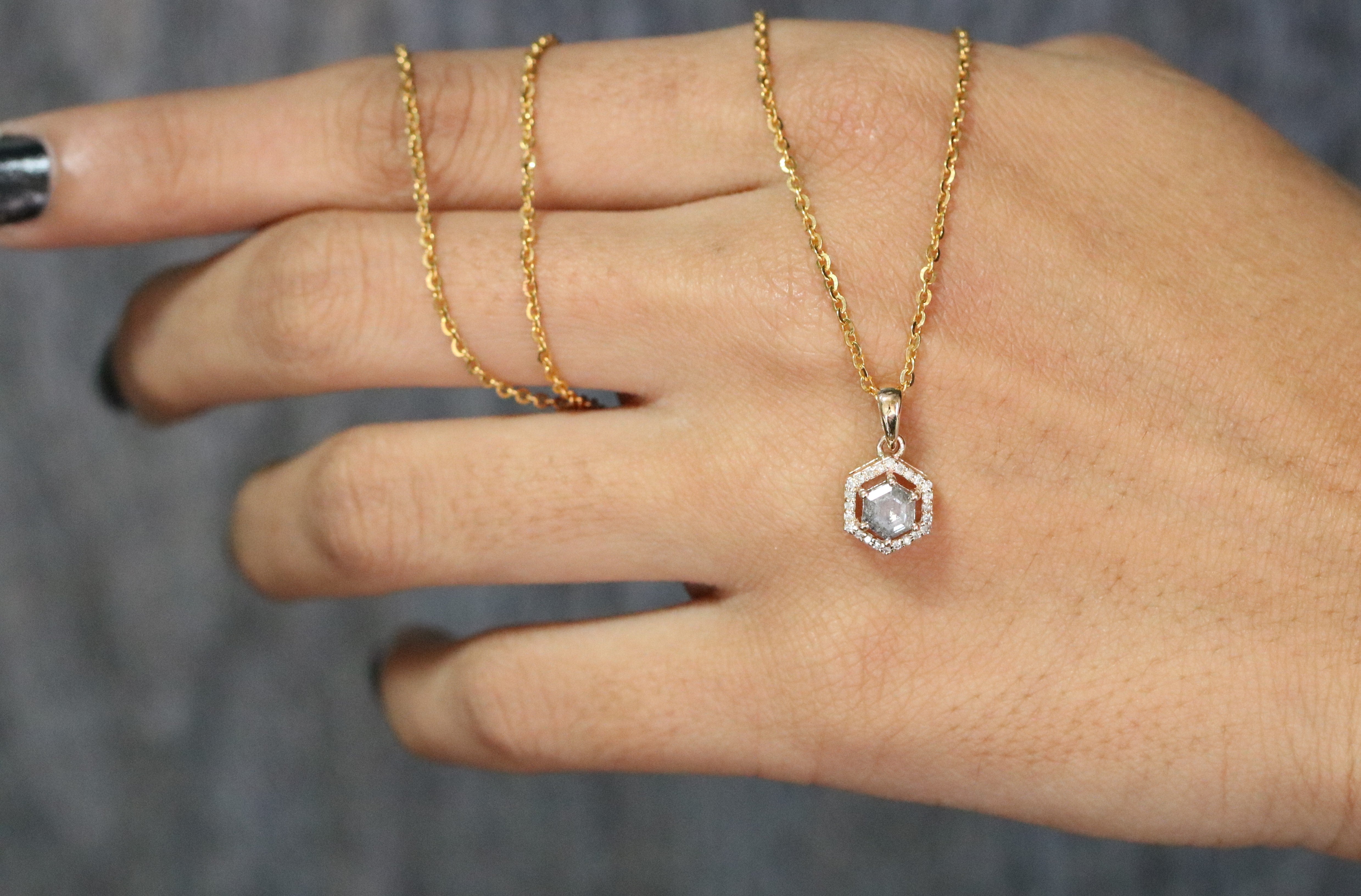 Hexagon Salt and Pepper Diamond Halo Pendant with 18K Yellow Gold Chain Necklace