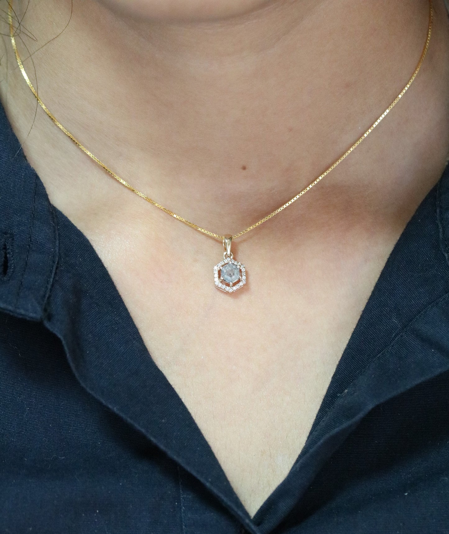 Salt and Pepper Diamond Hexagon Halo Pendant 18K Gold Chain Necklace For Women