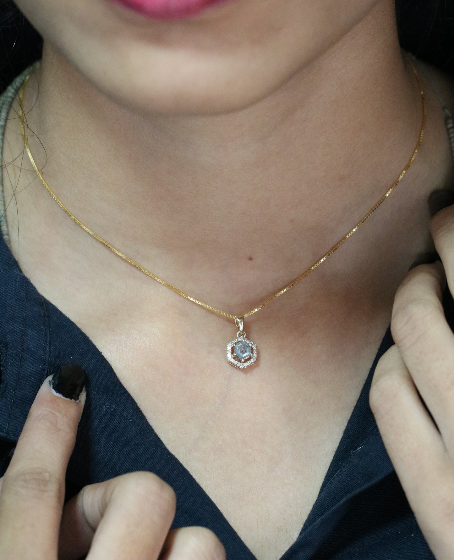 Salt and Pepper Diamond Hexagon Halo Pendant 18K Gold Chain Necklace For Women
