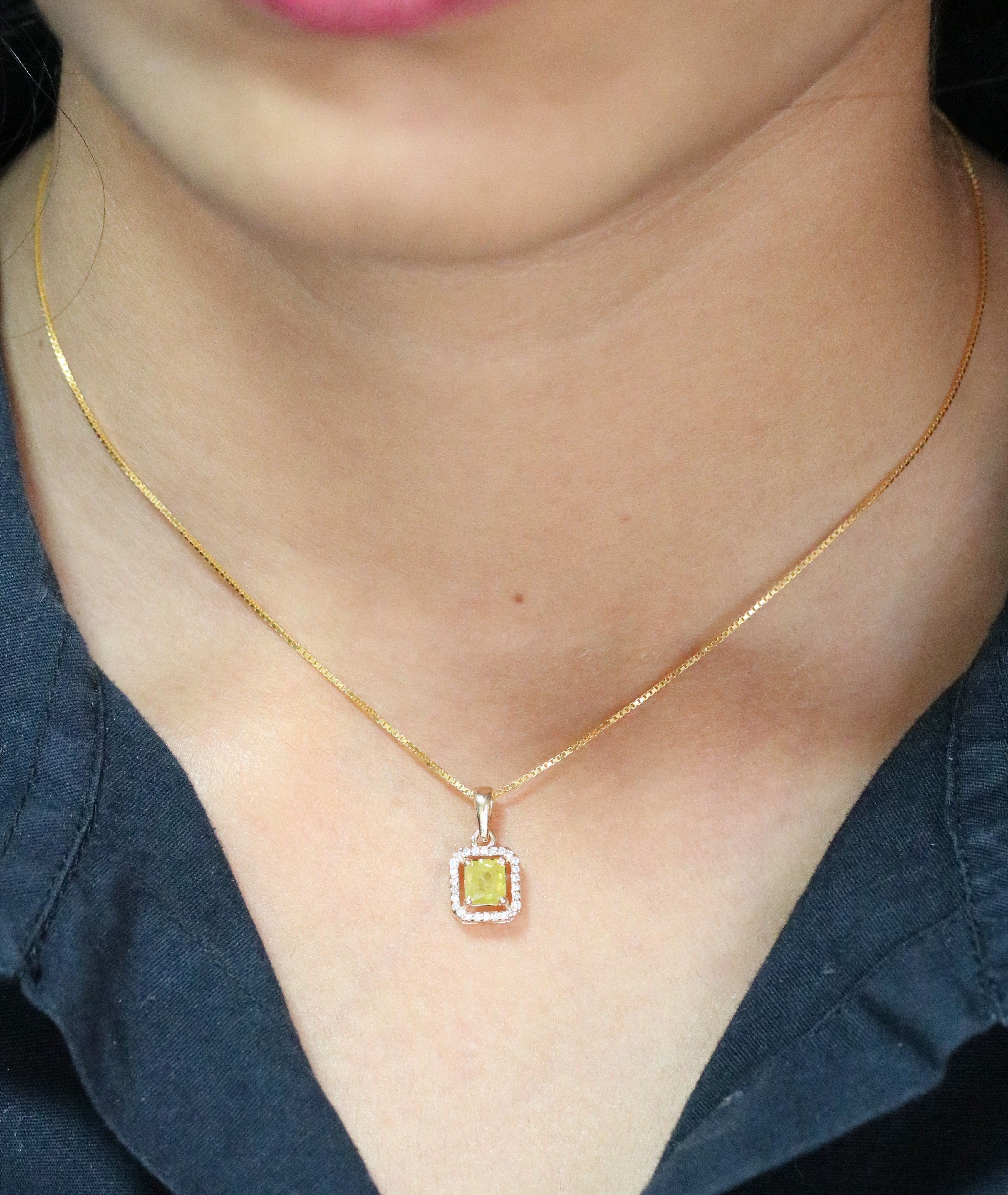 Yellow Asscher Cut Diamond Halo Pendant 18K Gold Chain Pendant Necklace For Women
