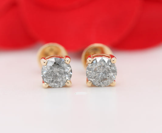 Round Natural Grey Salt And Pepper Galaxy Diamond 14K Gold Earrings for Women