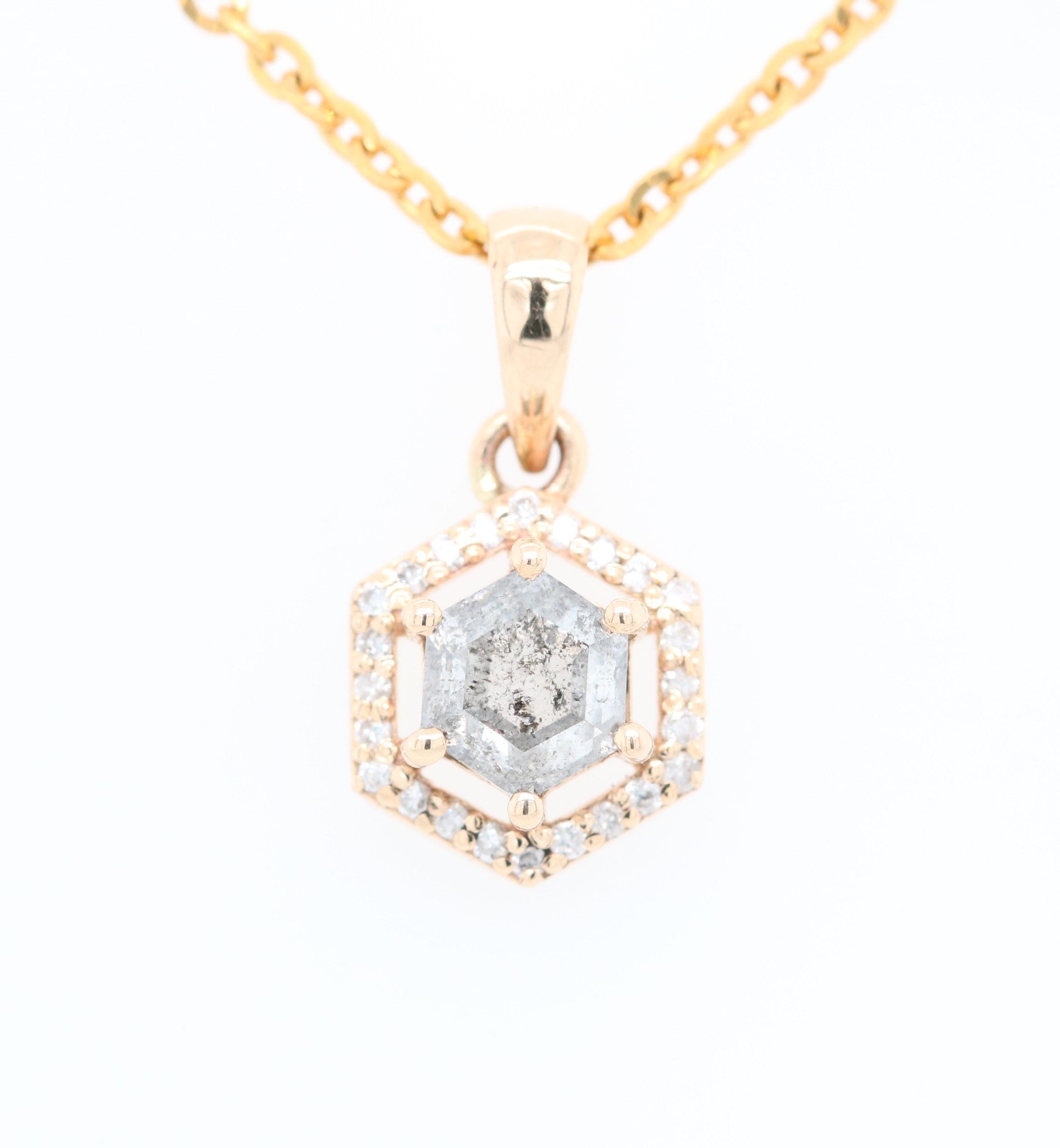Hexagon Salt and Pepper Diamond Halo Pendant with 18K Yellow Gold Chain Necklace