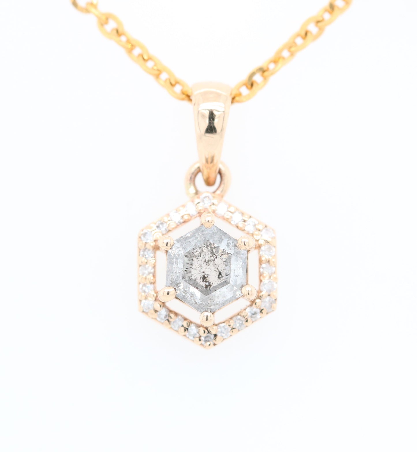Hexagon Salt and Pepper Diamond Halo Pendant with 18K Yellow Gold Chain Necklace