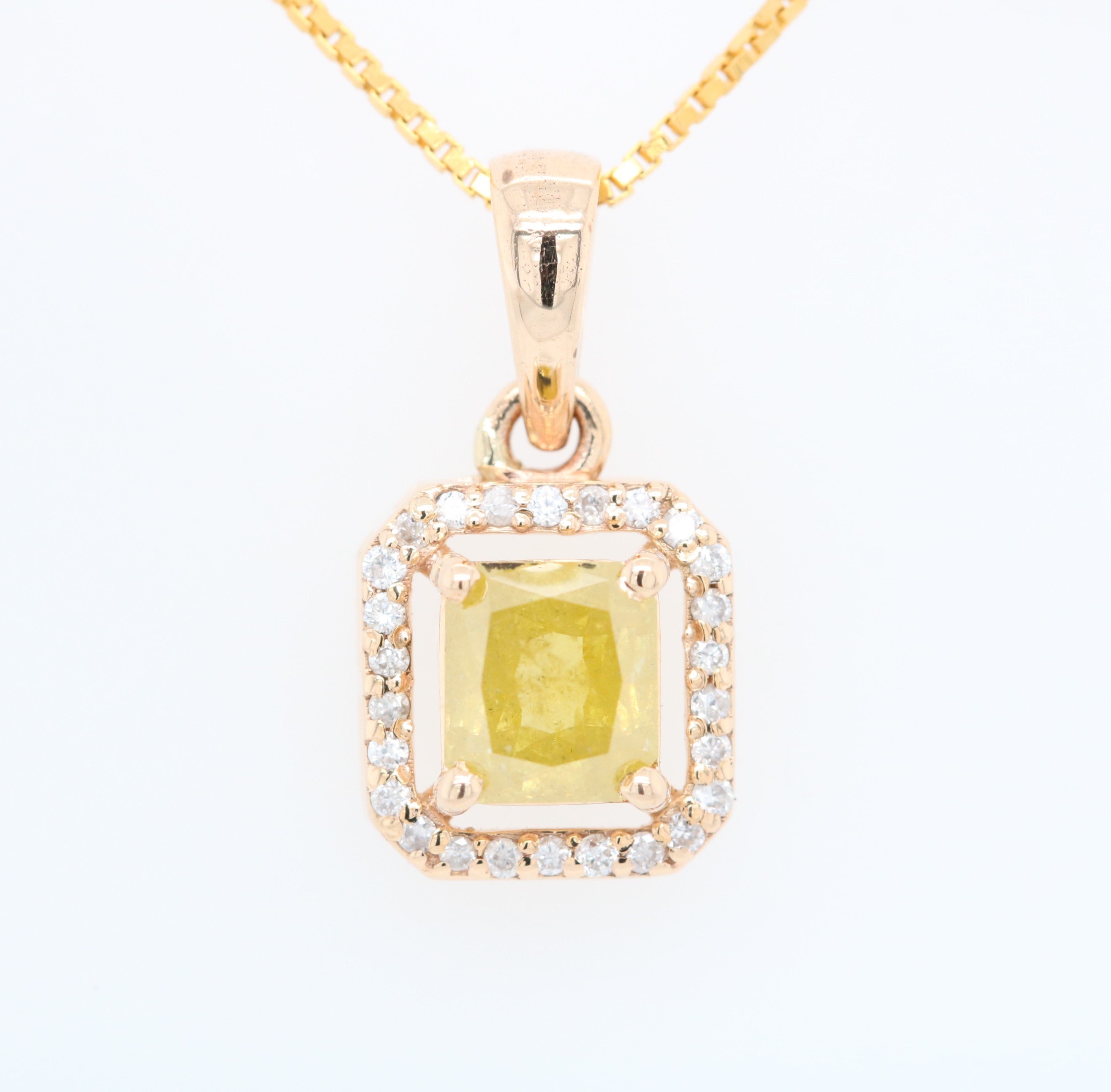 Yellow Asscher Cut Diamond Halo Pendant 18K Gold Chain Pendant Necklace For Women