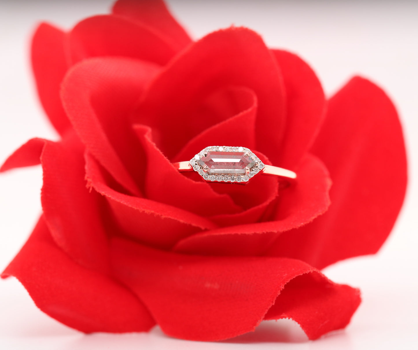 Elongated Hexagon Salt And Pepper Halo Rose Gold Diamond Ring