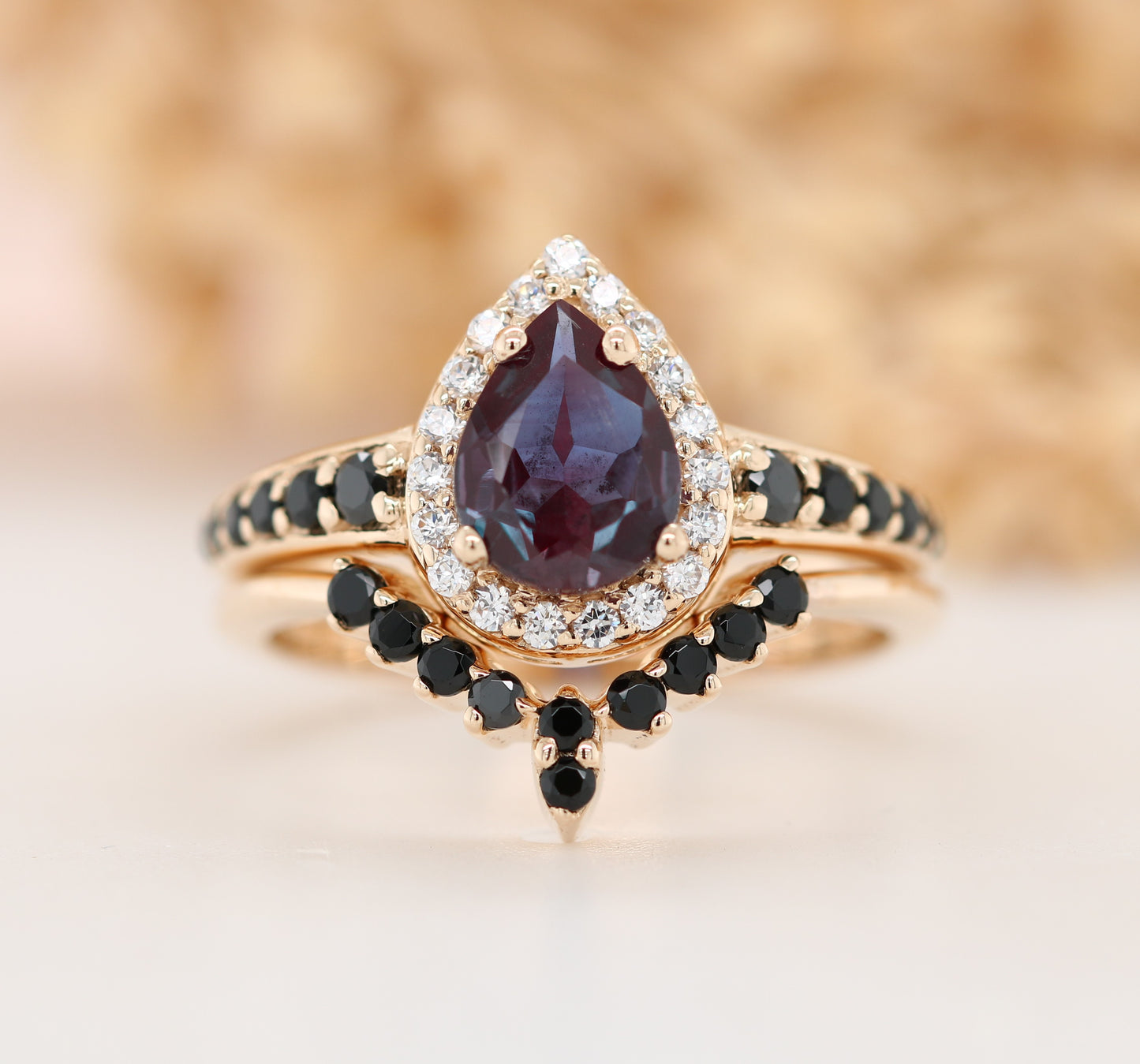 Vintage Alexandrite Ring, Pear Shape Halo Set Gold Ring, Promise Ring