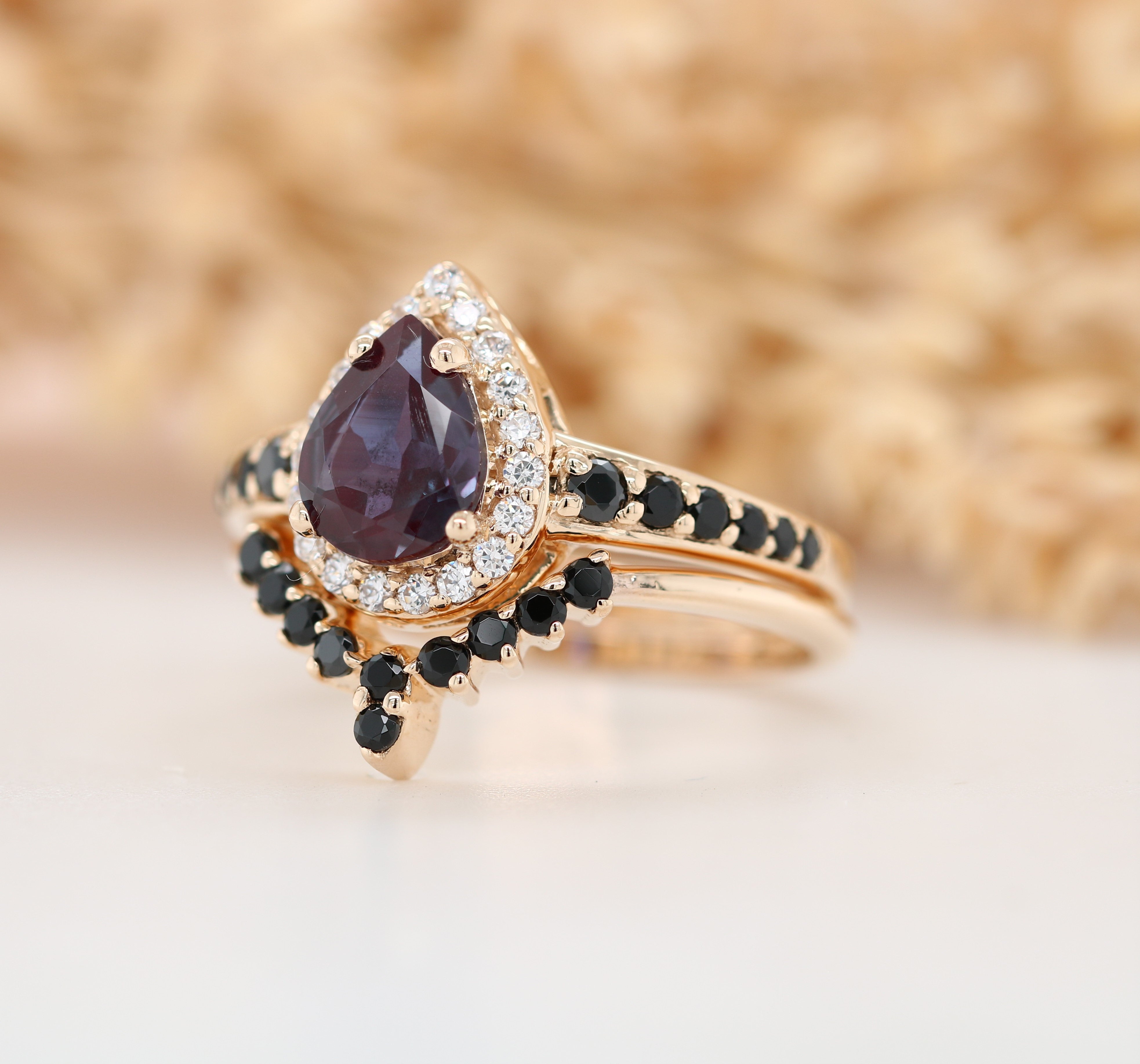 Vintage Alexandrite Ring, Pear Shape Halo Set Gold Ring, Promise Ring